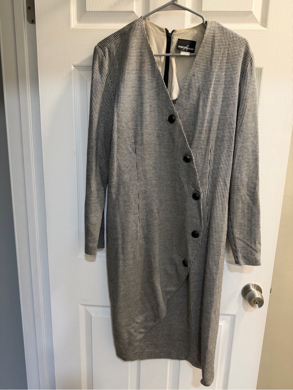 Positive Attitude Black and White Asymmetric Button Long Sleeve Dress